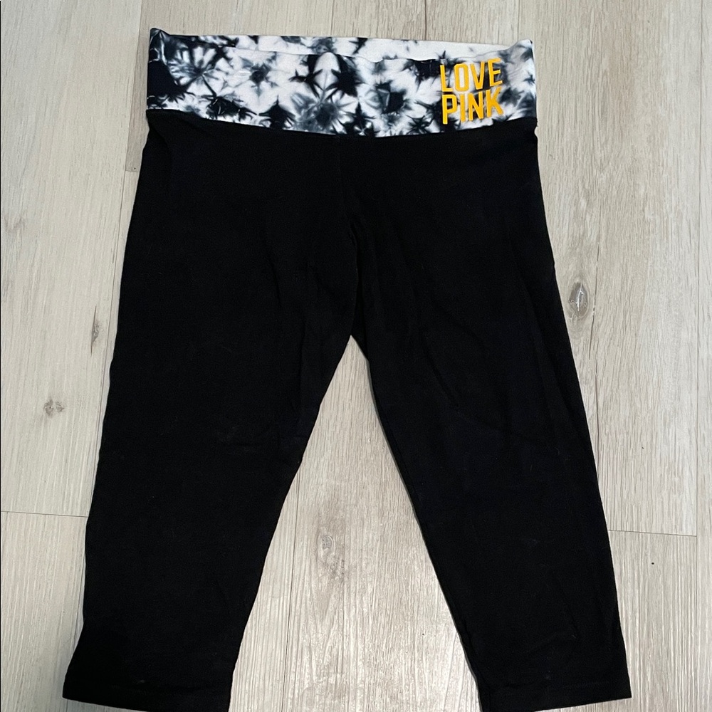 Victoria's Secret Love Pink Black Capri Leggings with Tie-Dye Waistband